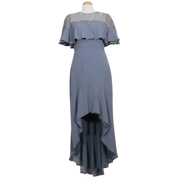 Barbara Crepe Capelet Ruffle Lace High Low Gown 4